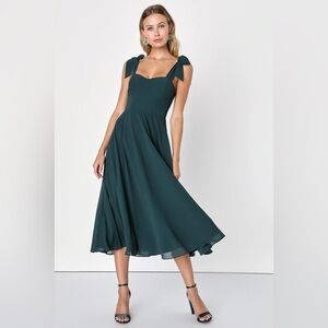 Lulus Sophisticated Charisma Hunter Green Tie-Strap A-Line Midi Dress- NWT